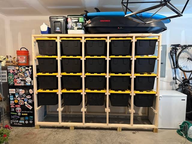 Open-frame high-capacity tote rack in a garage