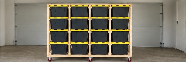 Visual example of a 16-tote rolling storage rack