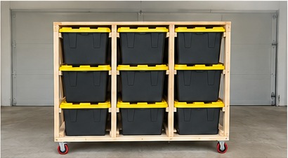 Visual example of a 9-tote rolling storage rack
